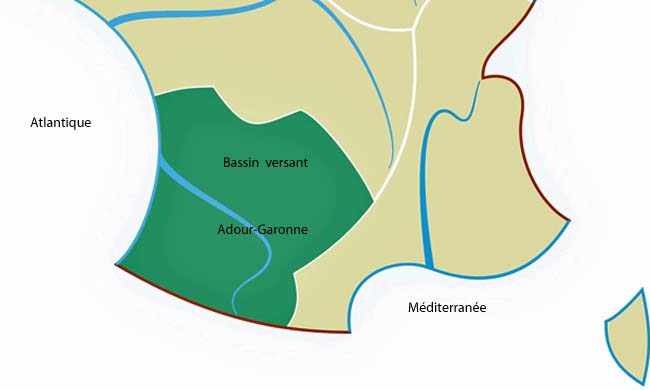 Délimitation du bassin versant Adour-Garonne qui occupe pratiquement un quart du territoire