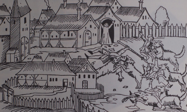 Loups attaquant des hommes devant un village